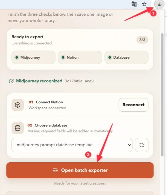 Extension popup showing the Midjourney recognized ready state with Notion and database connected
