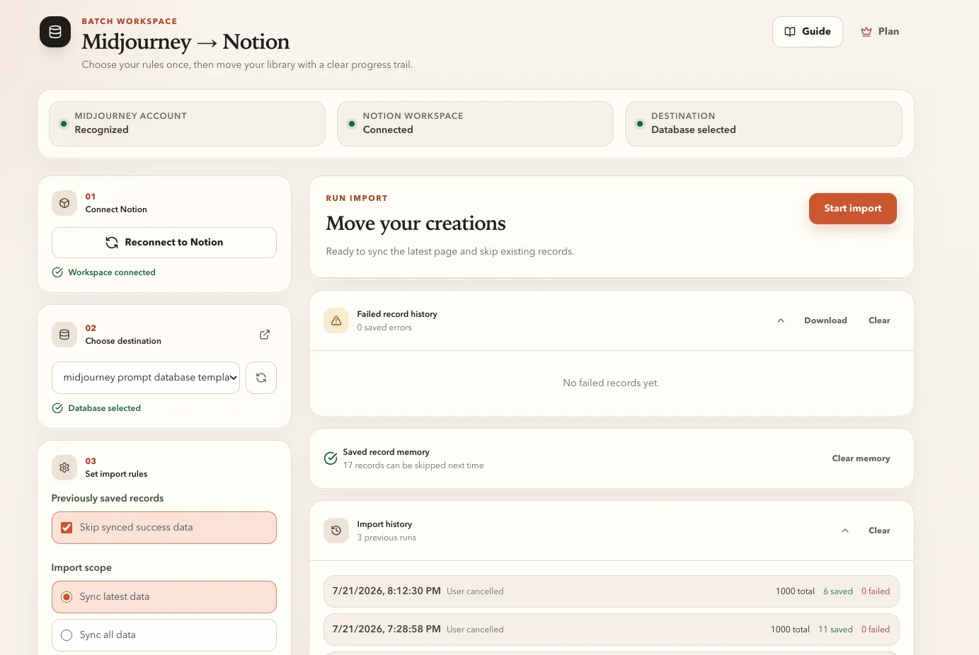 Batch export workspace with selected Notion database, import rules, saved record memory, and previous runs