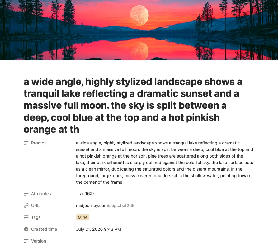 An opened Notion record containing the exported image, prompt, attributes, URL, tags, time, and version