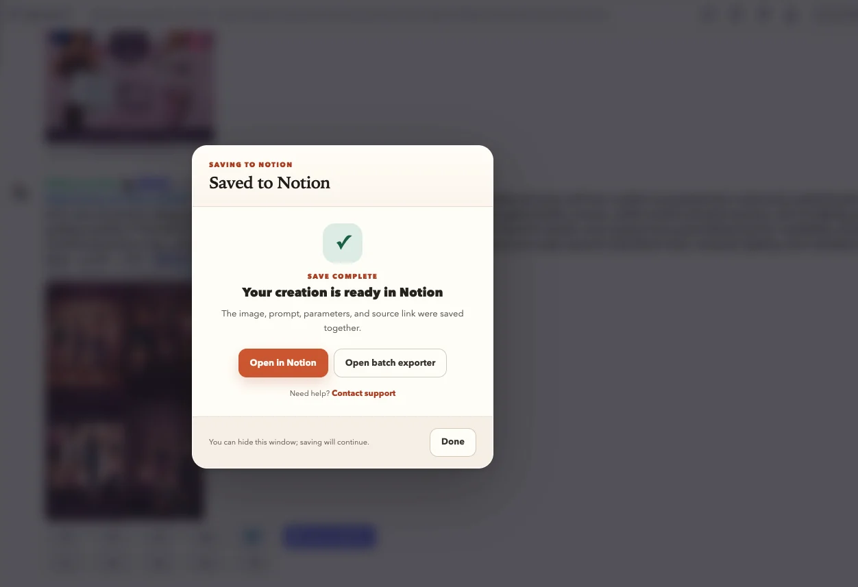 Successful Save to Notion dialog with actions to open Notion or start the batch exporter